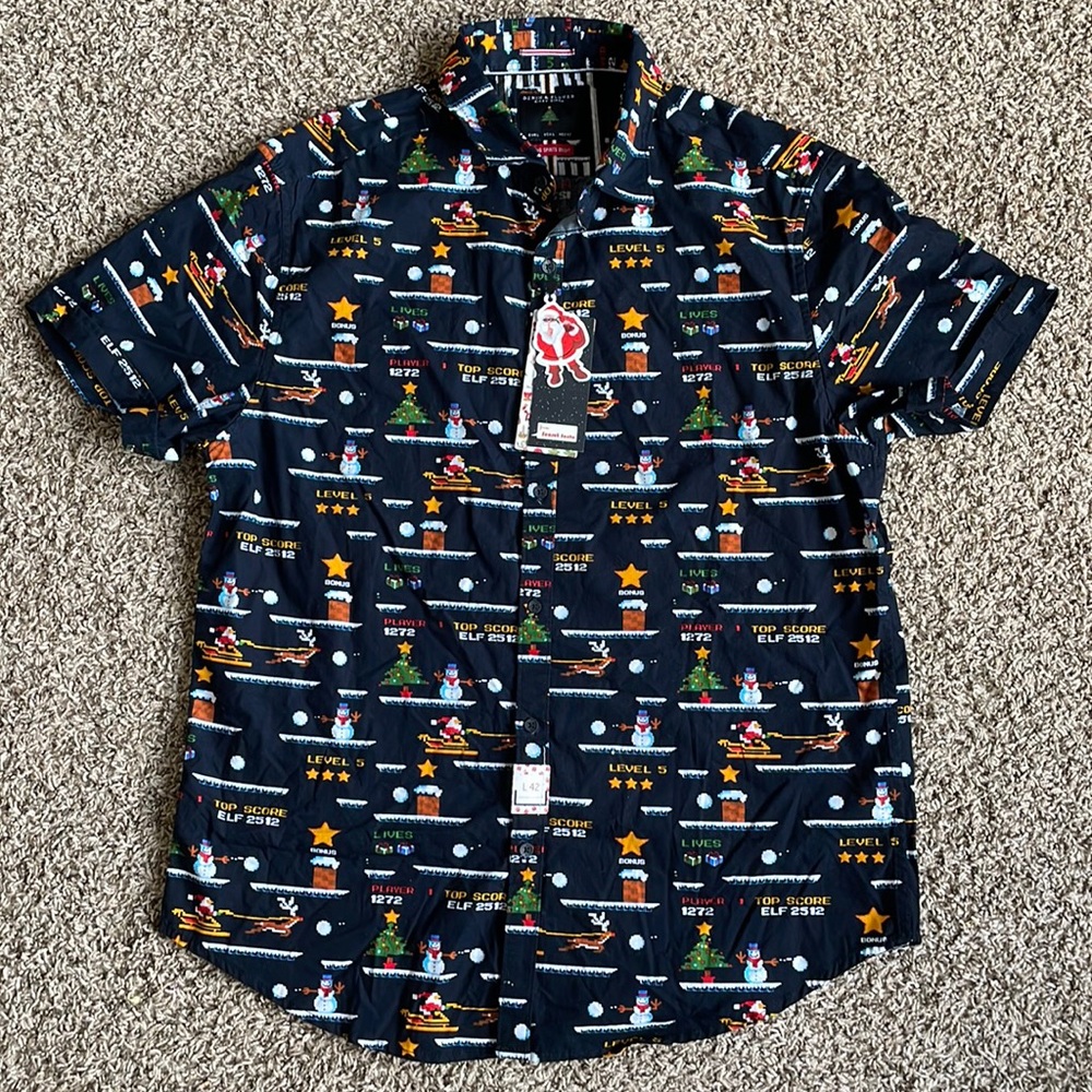 Denim & Flower Holiday Button Down, Retro Video Game Print, size Large
